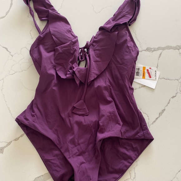 Becca socialite plunging ruffle one piece Merlot - Picture 3 of 5